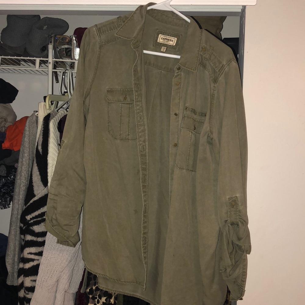 A button down army green shirt from express.